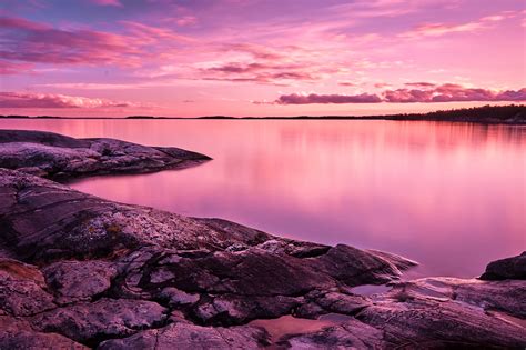 Wallpaper Sunset Scenery Lake Rocks Pink Sky 4k 8k