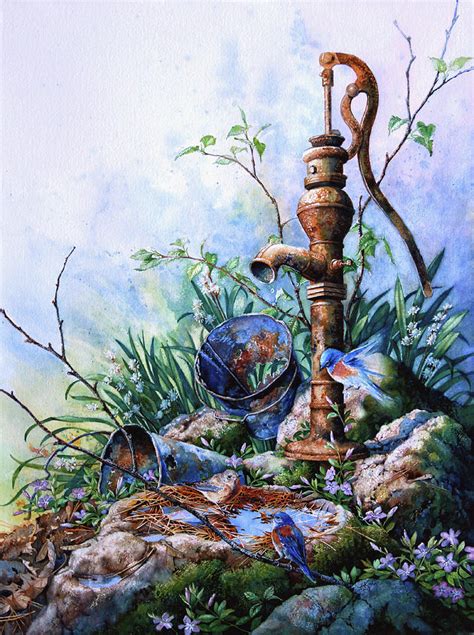 Old fashioned pump water fountain. Morning Shower Painting by Hanne Lore Koehler