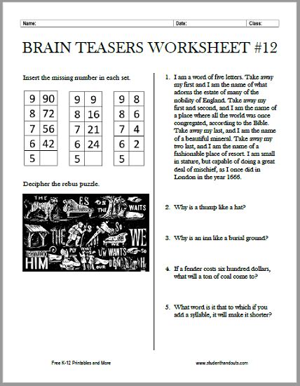 Printable Brain Teaser Worksheets Word Brain Teasers Brain Teasers