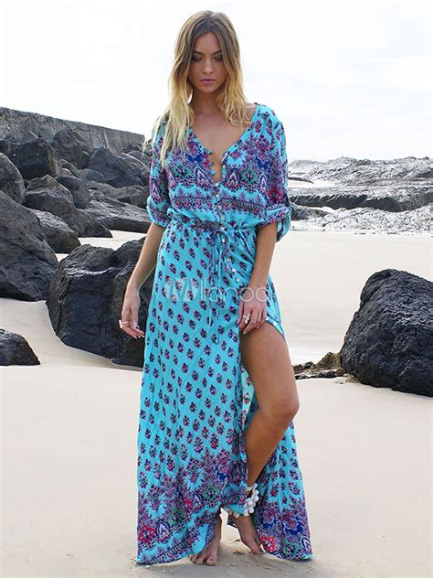 Boho Maxi Dress Print Split Long Sleeve V Neck Summer Dress For Women