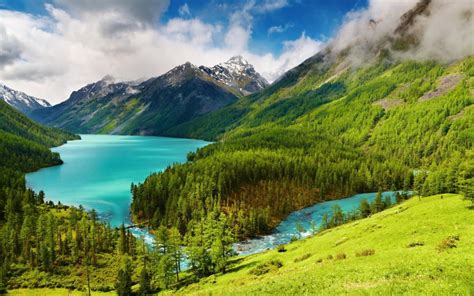 Beautiful Nature Scenery Green Trees Lake River Mountains Clouds Wallpaper Nature And