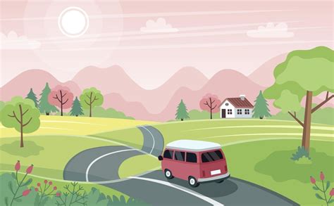 Spring Road Trip Landscape With A Cute Car On The Road Vector