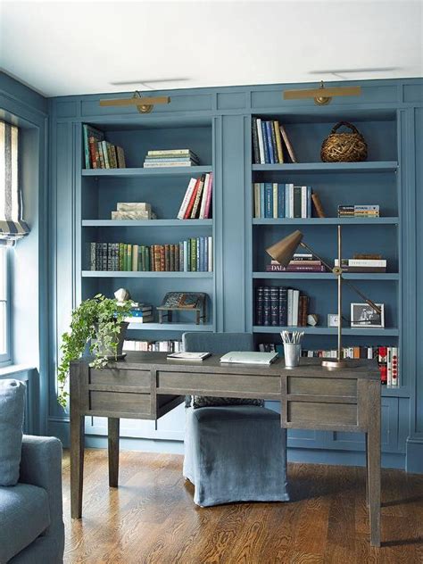 Blue Built In Office Bookcase Transitional Denlibraryoffice
