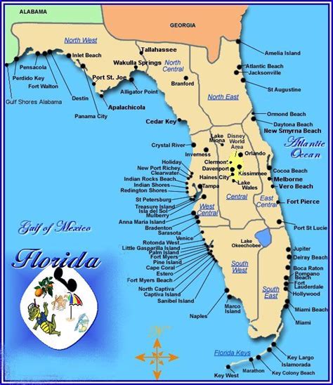 A Map Of Florida With All The Major Cities And Towns On Its Side