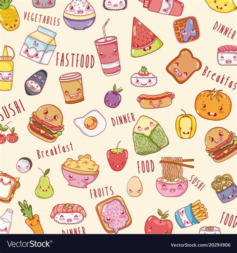 Cute Food Background Kawaii Cartoons Royalty Free Vector