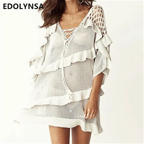 Buy 2018 Knitted Ruffles Bathing Suit Cover Ups