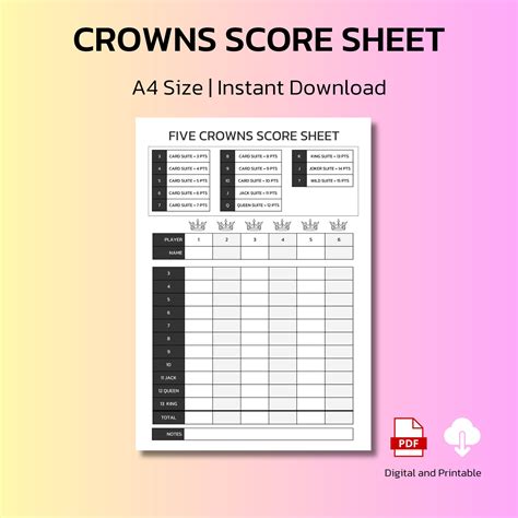 5 Crowns Score Sheet Printable 5 Crowns Score Card A4 Size Digital