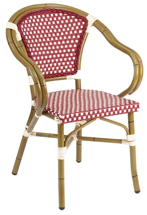 Cross braces provide extra stability. Rattan Outdoor French Bistro Arm Chair