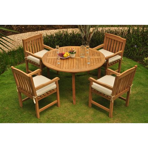 Teak Dining Set 4 Seater 5 Pc 52 Round Table And 4 Devon Captainarm Chairs Outdoor Patio
