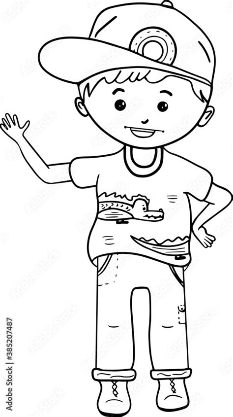 Funny Cartoon Little Boy Wearing A Cap Waving His Hand In Greeting