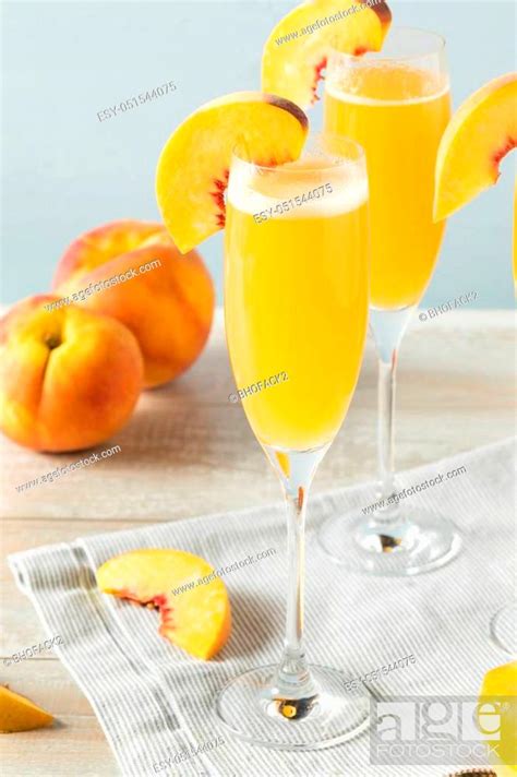 Sweet Bubbly Peach Bellini Mimosa With Champagne Stock Photo Picture