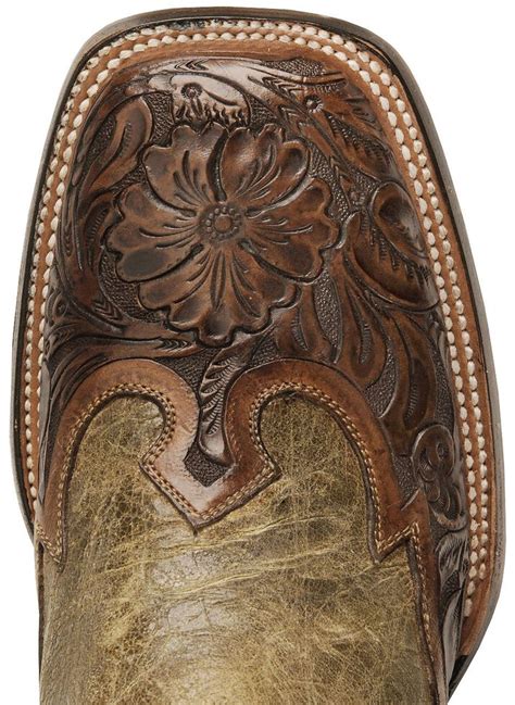 Stetson Mens Brown Tooled Wingtip Cowboy Boots Wide Square Toe