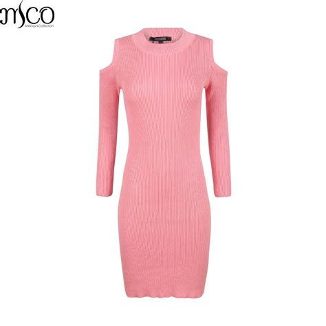 Mco Winter Sexy Cold Off Shoulder Plus Size Bodycon Dress Pink Knitted Midi Jumper Dresses