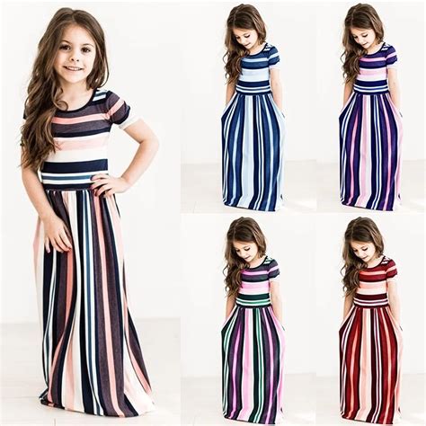 2018 New Summer Kids Girls Dress Striped Children Summer Short Sleeve