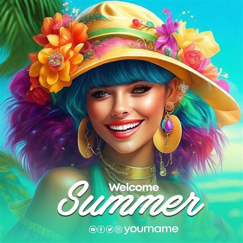 Premium Psd Summer Social Media Post Template With Beautiful Girl Colorful Hair And Flowers Ai