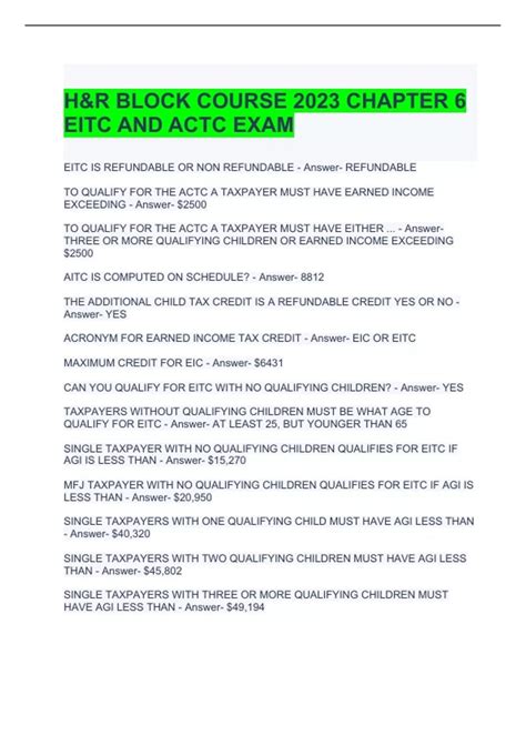 H&R BLOCK COURSE CHAPTER 6 EITC AND ACTC EXAM - H&R BLOCK - Stuvia US