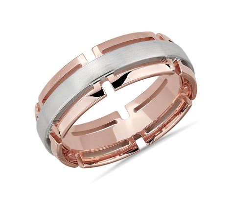Two Tone Modern Link Edge Wedding Ring In 14k White And Rose Gold 7mm