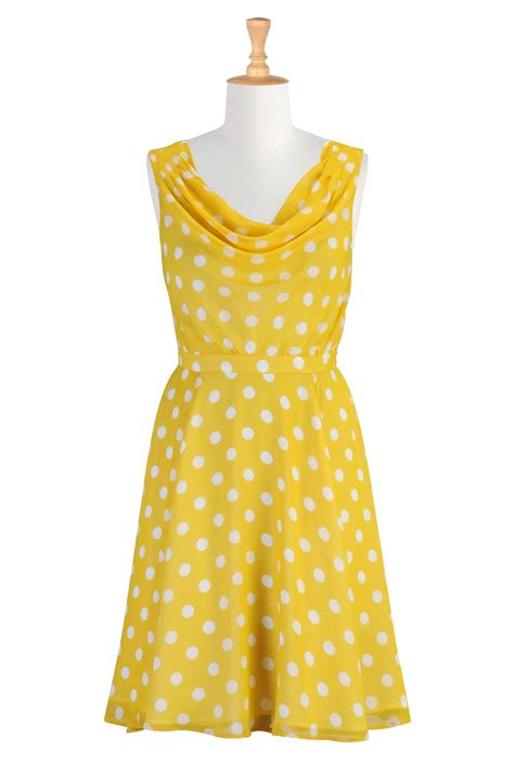 Yellow With White Polka Dots Cowl Neckpleats At The Shoulder Imagine