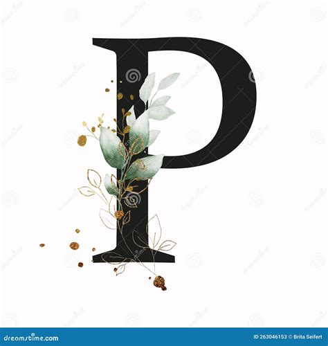 Capital Letter P Decorated With Green And Golden Leave Doodles Letter