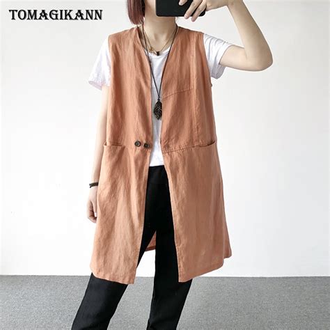 2019 Casual Solid Cotton And Linen Long Style Women Vest Coat Summer Girl V Neck Buttons Pockets