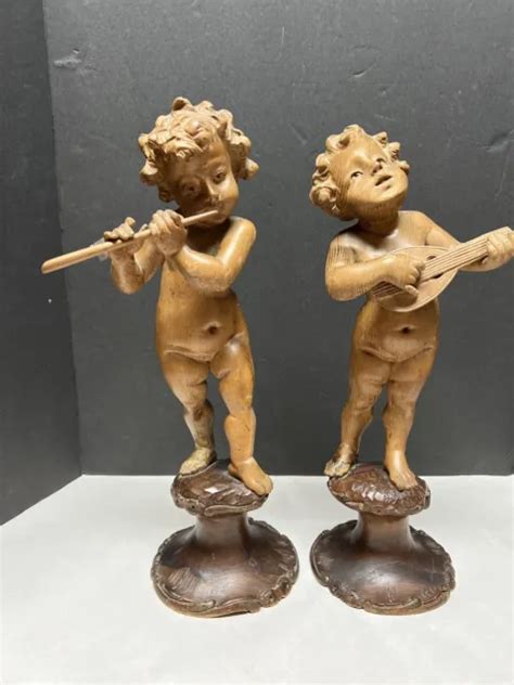 Antique Italian Pair Hand Carved Wood Cherub Angel Statues Lute Flute