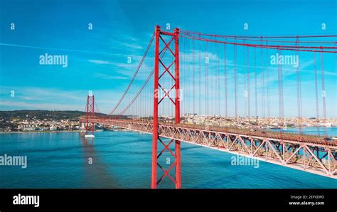 25 De April Bridge Red Bridge In Lisbon Portugal Famous Sightseeing