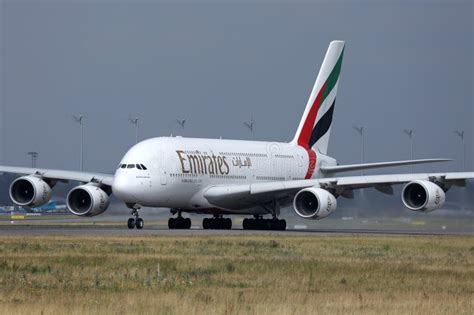 Emirates Airbus A380 800 Landing On Runway Close Up View Editorial