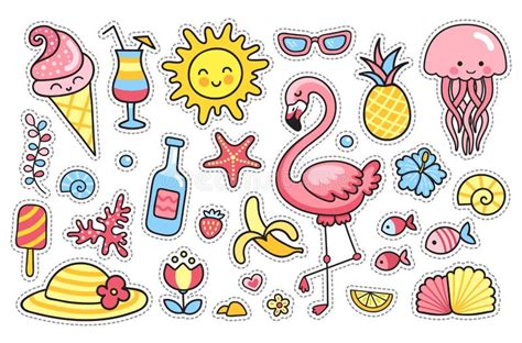 Set Of Cartoon Summer Stickers Patches Badges Pins Prints For Kids