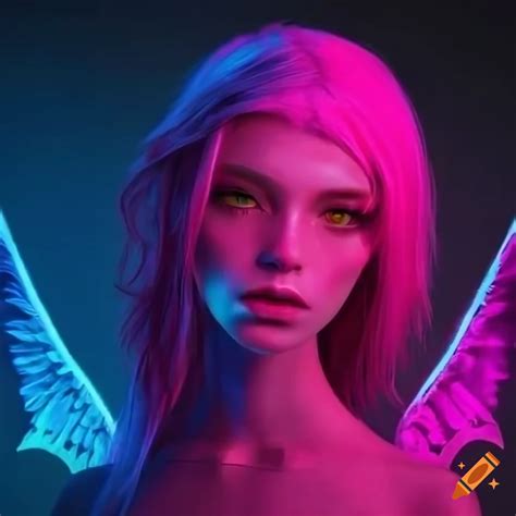 Illustration Of A Girl With Pink Hair And Neon Demon Wings On Craiyon