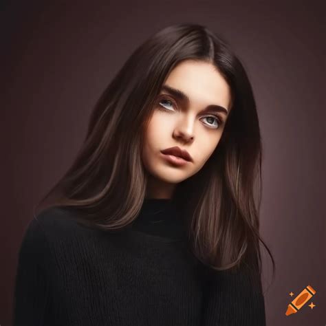 Portrait Of A Beautiful Woman With Dark Brown Hair And Brown Eyes