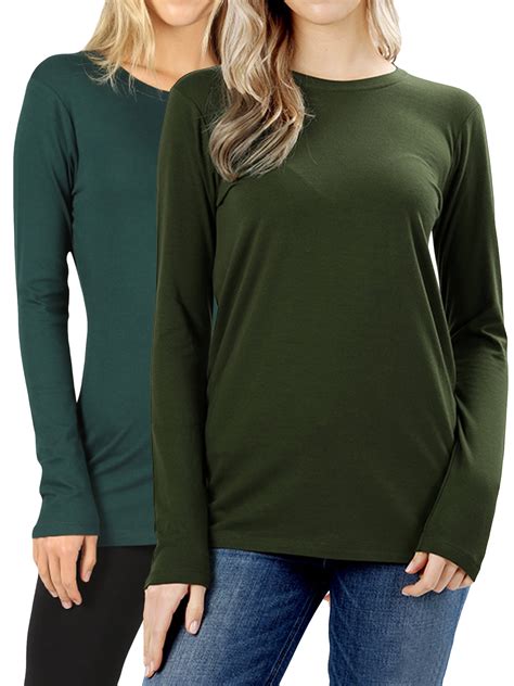 Women Basic Round Crew Neck Long Sleeve Stretch Cotton Spandex T Shirts