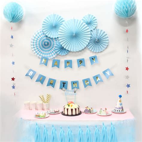 Blue Birthday Party Paper Decoration Kit Banner Tassel Garland Paper Fan Rosettes Honeycomb