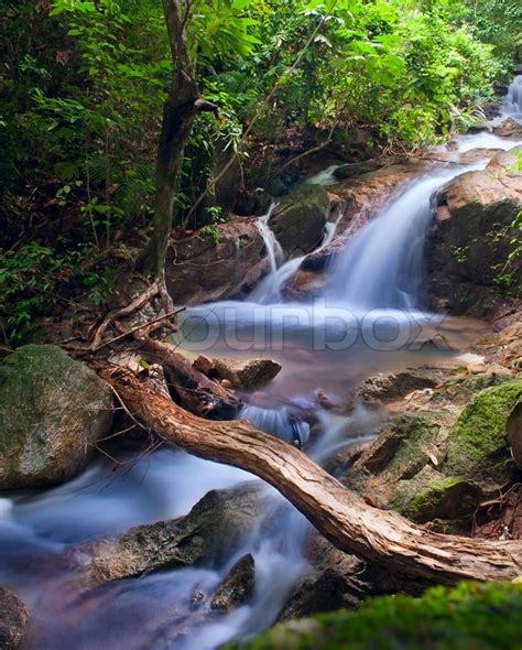 Waterfall In Tropical Forest Mountain River Stones With Moss And