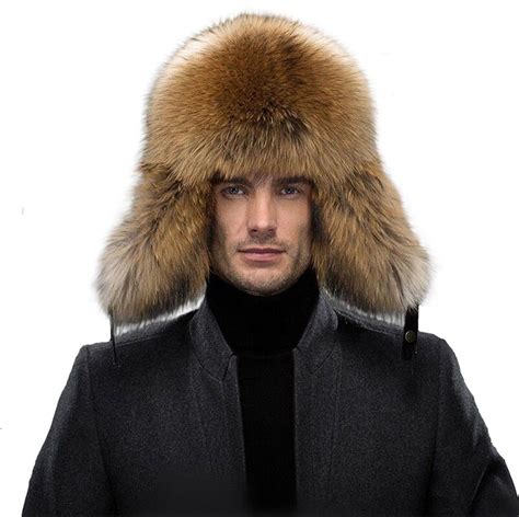 Mens Fur Hat Winter Real Raccoon Fur Cap Fox Fur Genuine Leather