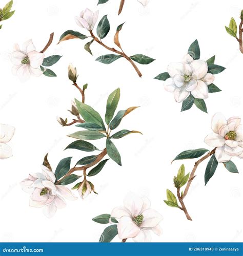 Beautiful Seamless Pattern With Hand Drawn Watercolor White Magnolia
