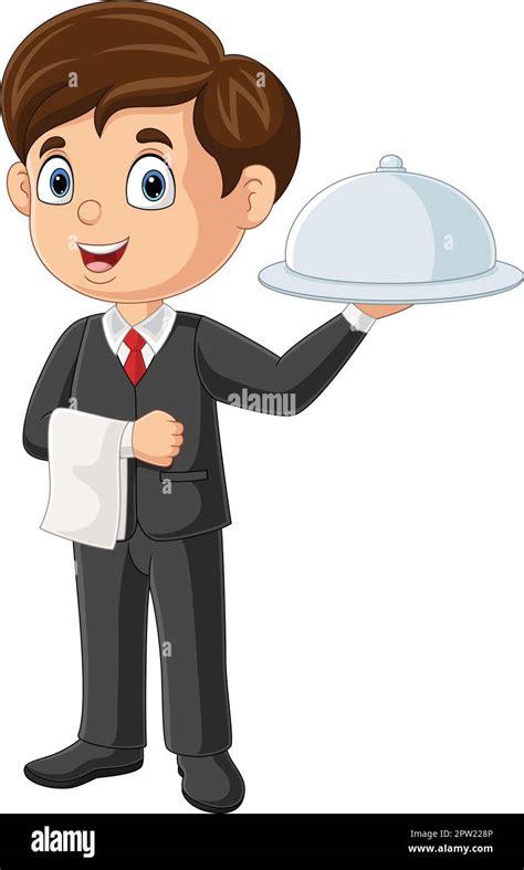 Cartoon Waiter Boy Holding A Serving Tray Stock Vector Image And Art Alamy