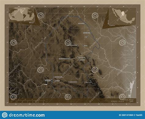 Coahuila Mexico Sepia Labelled Points Of Cities Stock Illustration