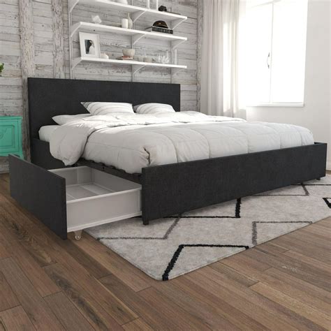 Novogratz Kelly Upholstered Bed With Storage Dark Grey Linen King