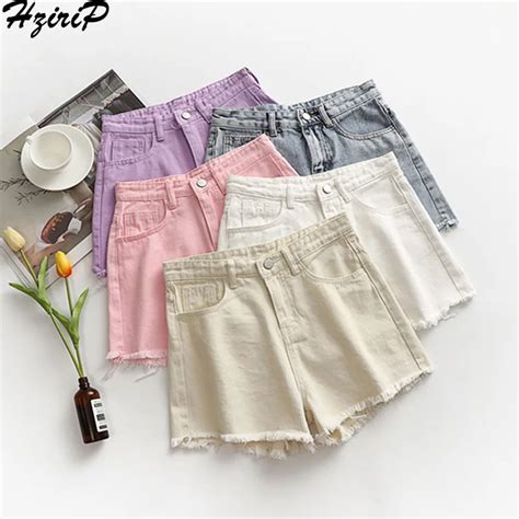 Hzirip 2018 New Summer Solid Candy Colors Shorts Womens High Waist Hole Loose Wide Leg Jeans
