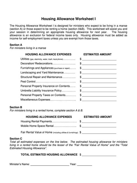 Pca Housing Allowance Worksheet Edit And Share Airslate Signnow