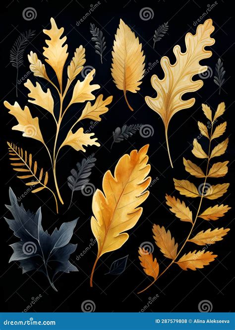 Set Of Golden Autumn Leaves Isolated On Dark Background Gold Autumn