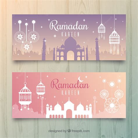 Free Vector Set Of Ramadan Banners With Mosque And Ornaments