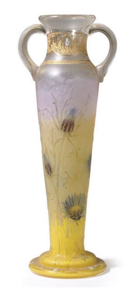 A French Etched And Enameled Two Handled Thistle Vase Signed In Gilt