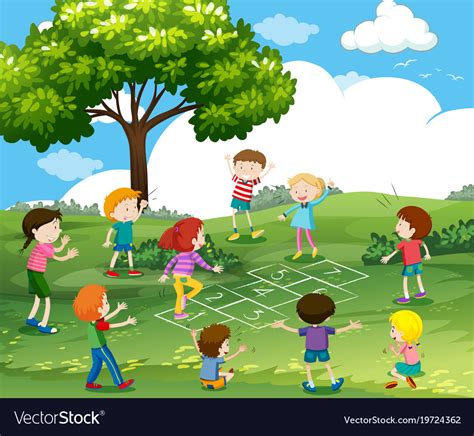 Happy Children Playing Hopscotch In Park Vector Image