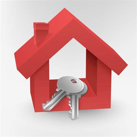 3D illustration of a red house with realistic silver metal key. Perfect