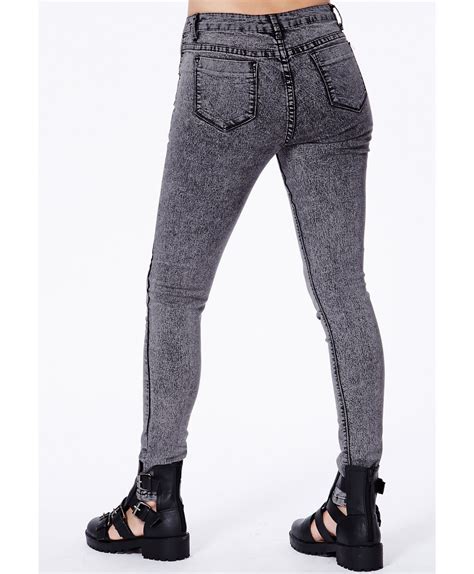 Missguided Lana Mid Rise Skinny Jeans In Black Acid Wash Lyst