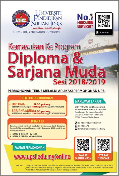 Upsi telah dinaik taraf kepada status universiti pada tahun 1997 seiring dengan perancangan oleh malaysia untuk menambah dalam artikel ini, kami akan kongsikan cara permohonan upsi lepasan spm sesi 2020/2021 sebagai panduan buat anda untuk memohon. Permohonan Diploma UPSI Ambilan November 2018 Lepasan SPM