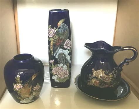VINTAGE JAPANESE COBALT Blue Pitcher Saucer Vase Ginger Jar Pheasant