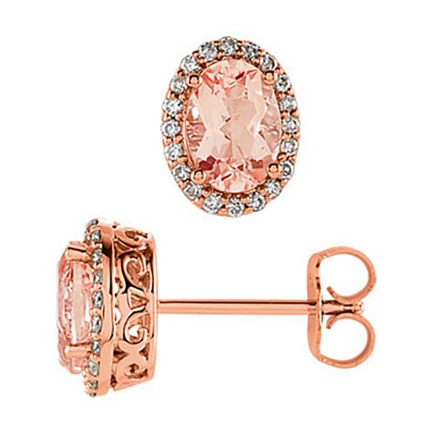 14k Rose Gold 1 6 Ct Oval Morganite And Diamond Halo Earrings JJ651511R