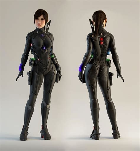 Two 3d Renderings Of A Woman In Futuristic Suit